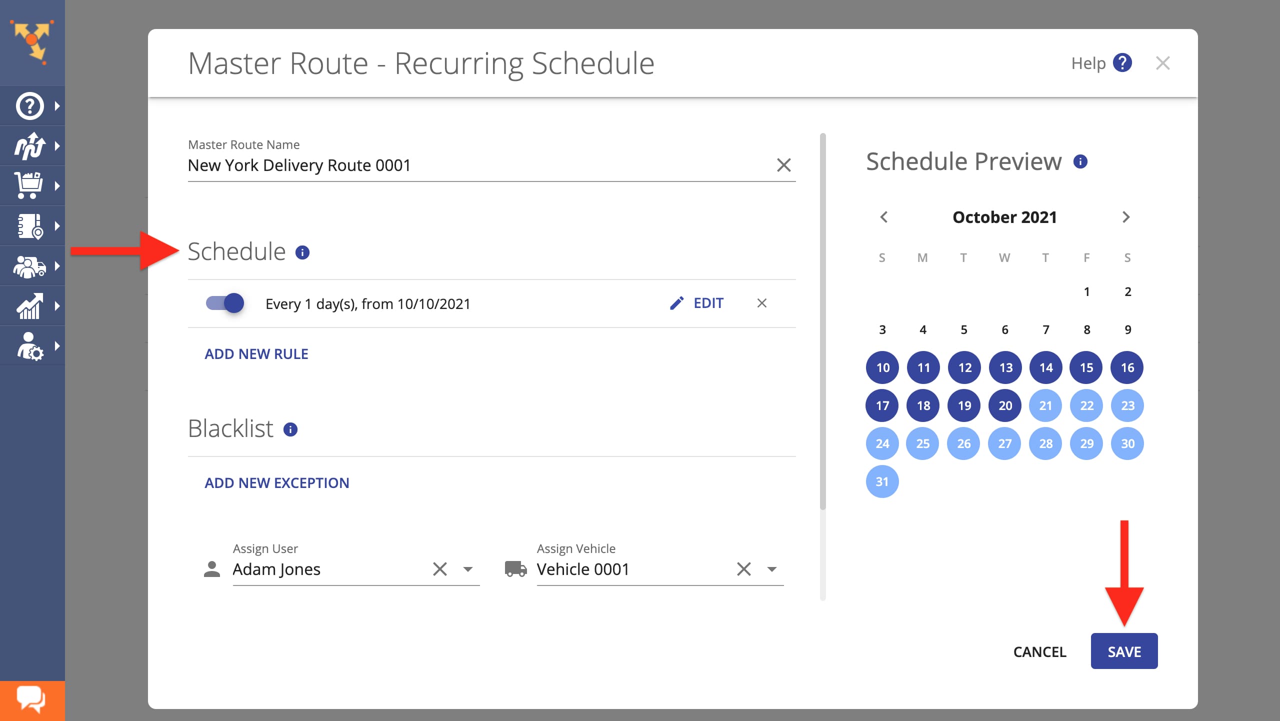 Update recurring schedule of Master Route template to apply updates to planned recurring routes.