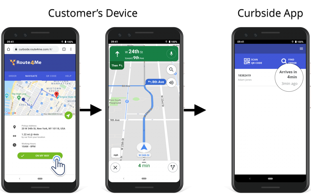 Driving directions on a map for customers to arrive at pickup point on curbside pickup app