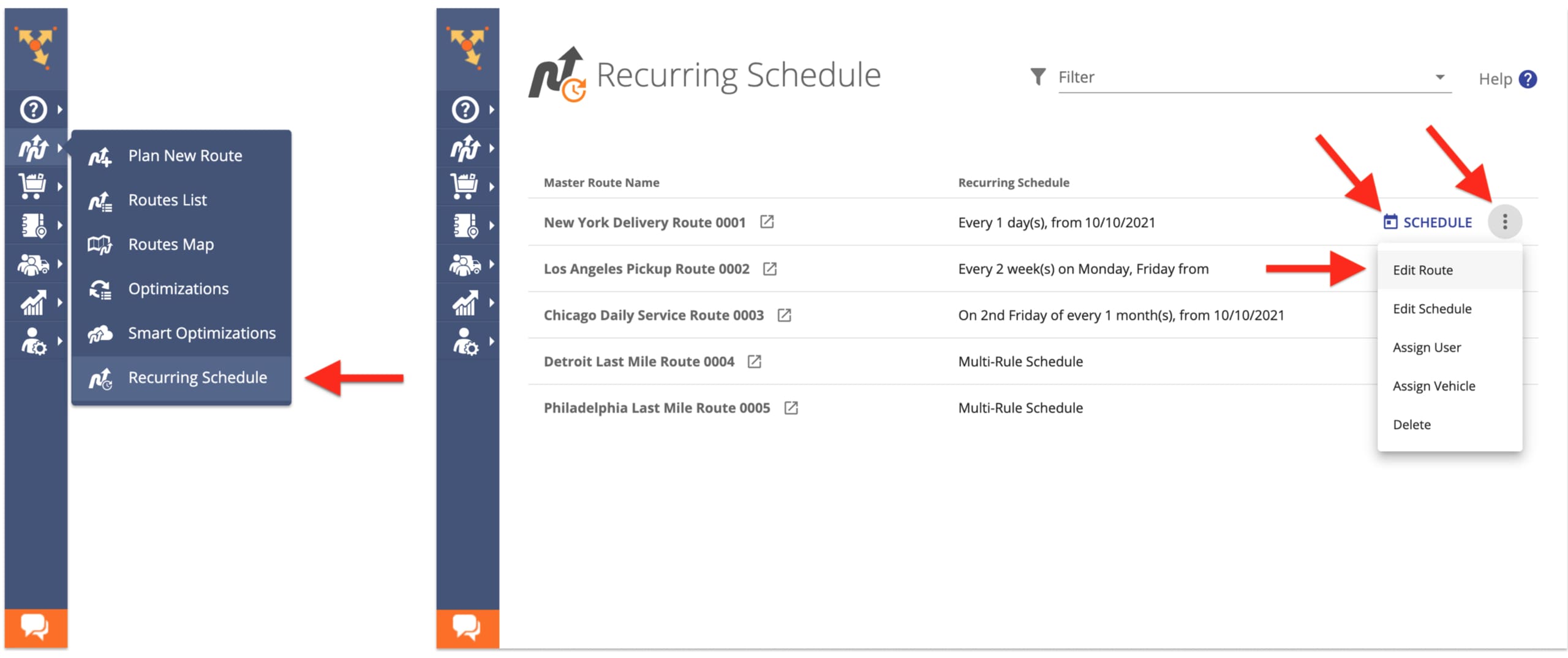 Manage Master Route templates to automatically plan recurring schedule routes per route calendar.