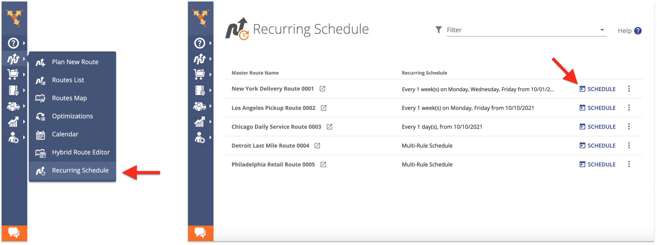 Adjust the recurring route schedule settings for automatic shipping and delivery route schedules.