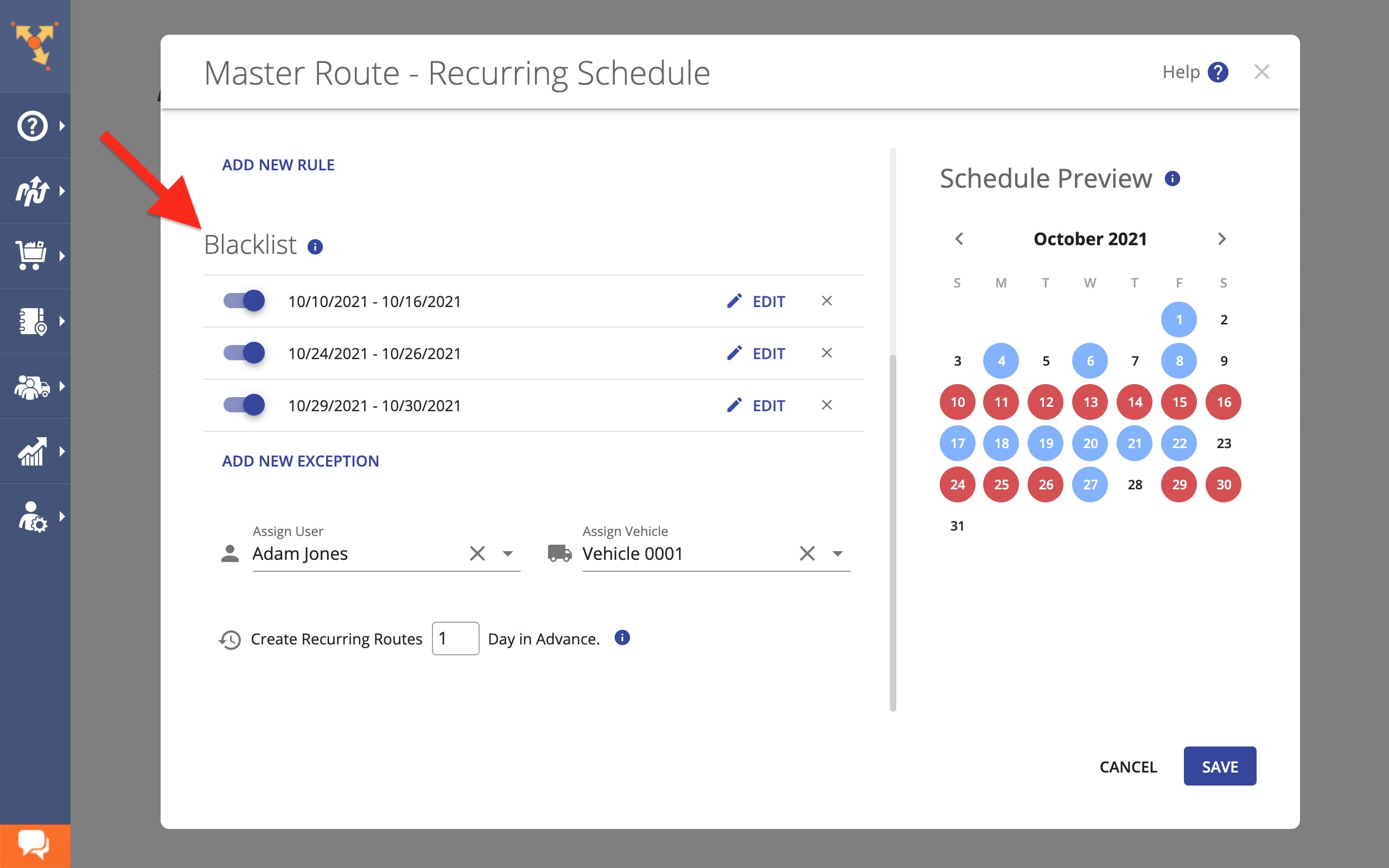 Customize repeating route schedule for repeat orders using multiple schedule blacklist rules.