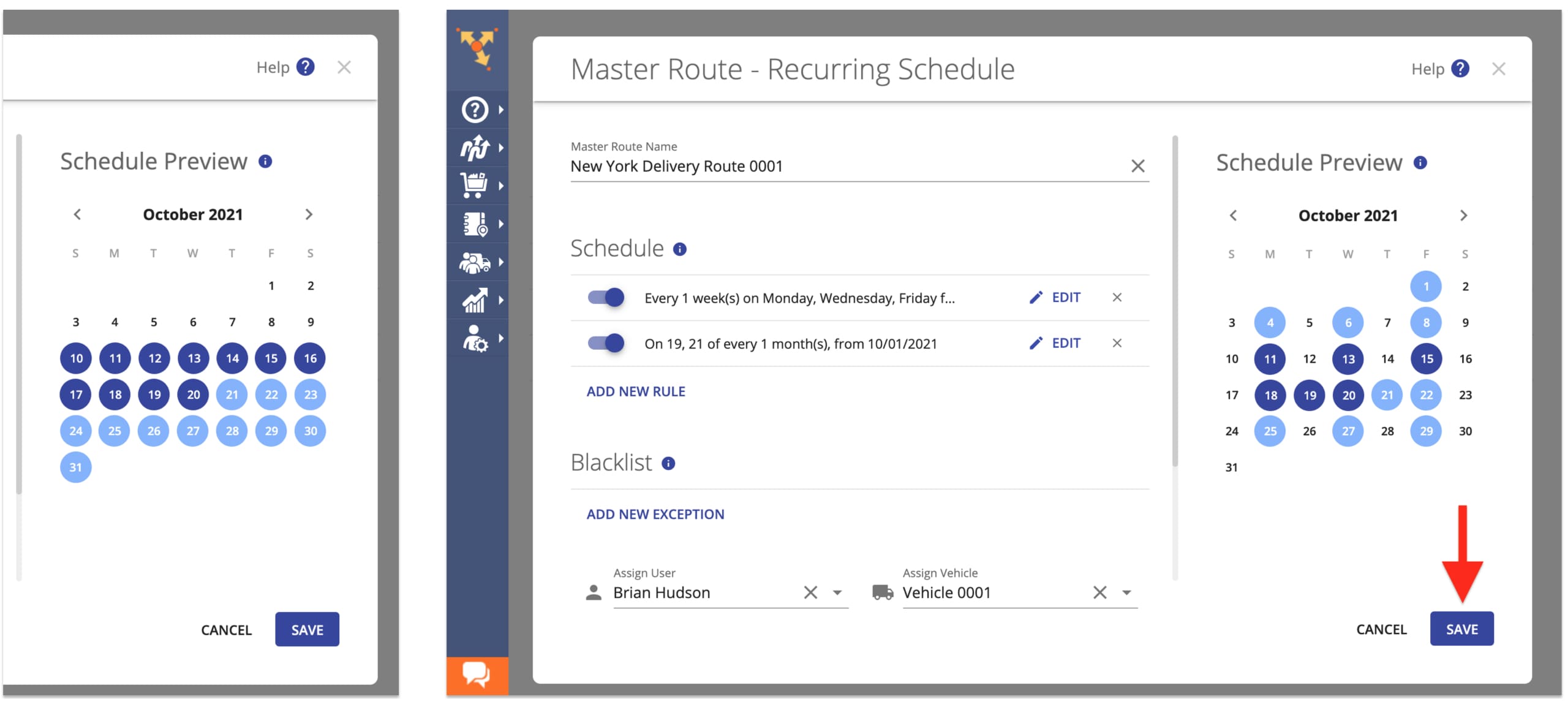 After editing schedule rules or adding new route calendar rules, apply changes to replan routes.