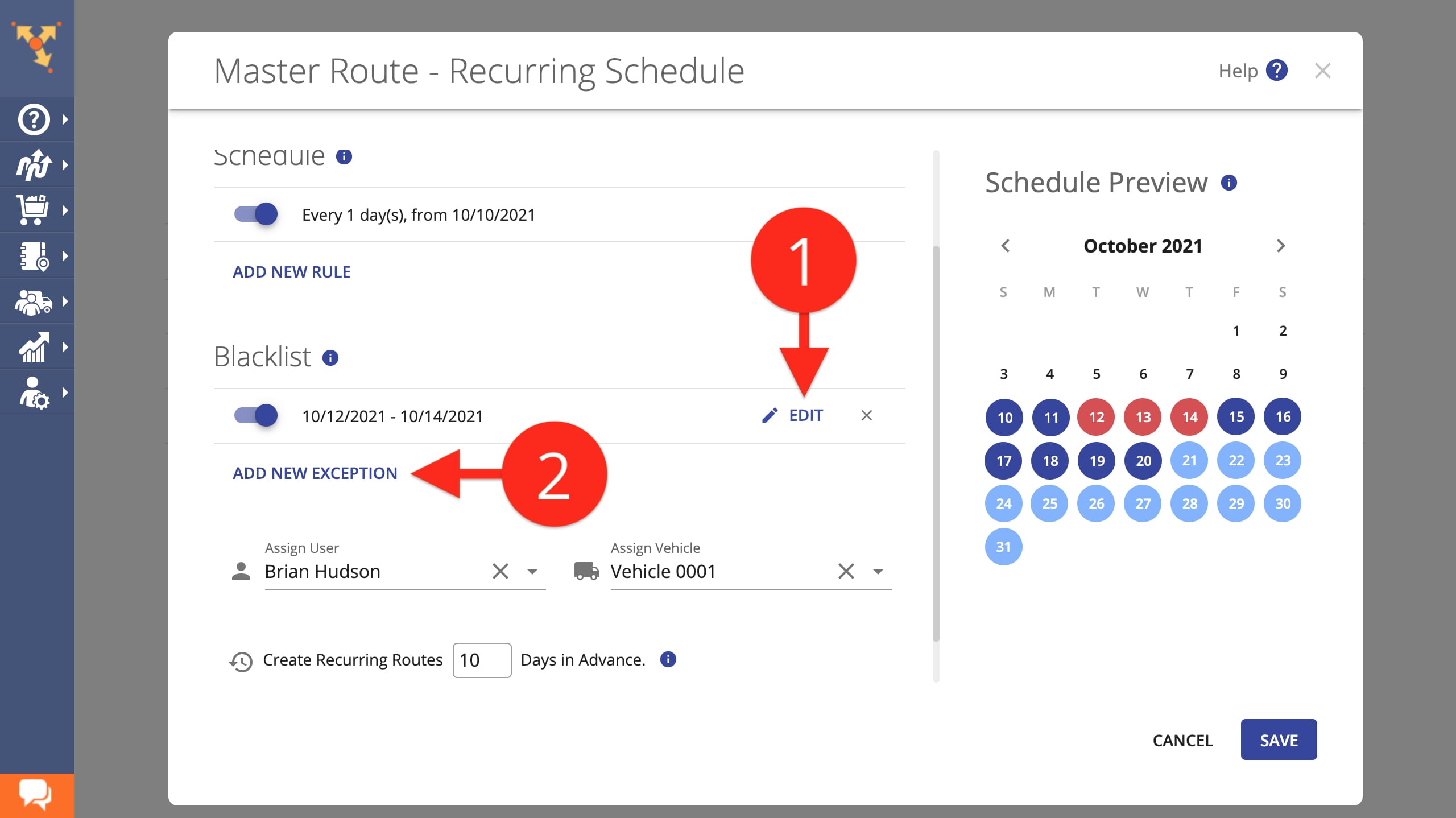 Recurring schedule exceptions allow you to blacklist dates for creating recurring driver routes.