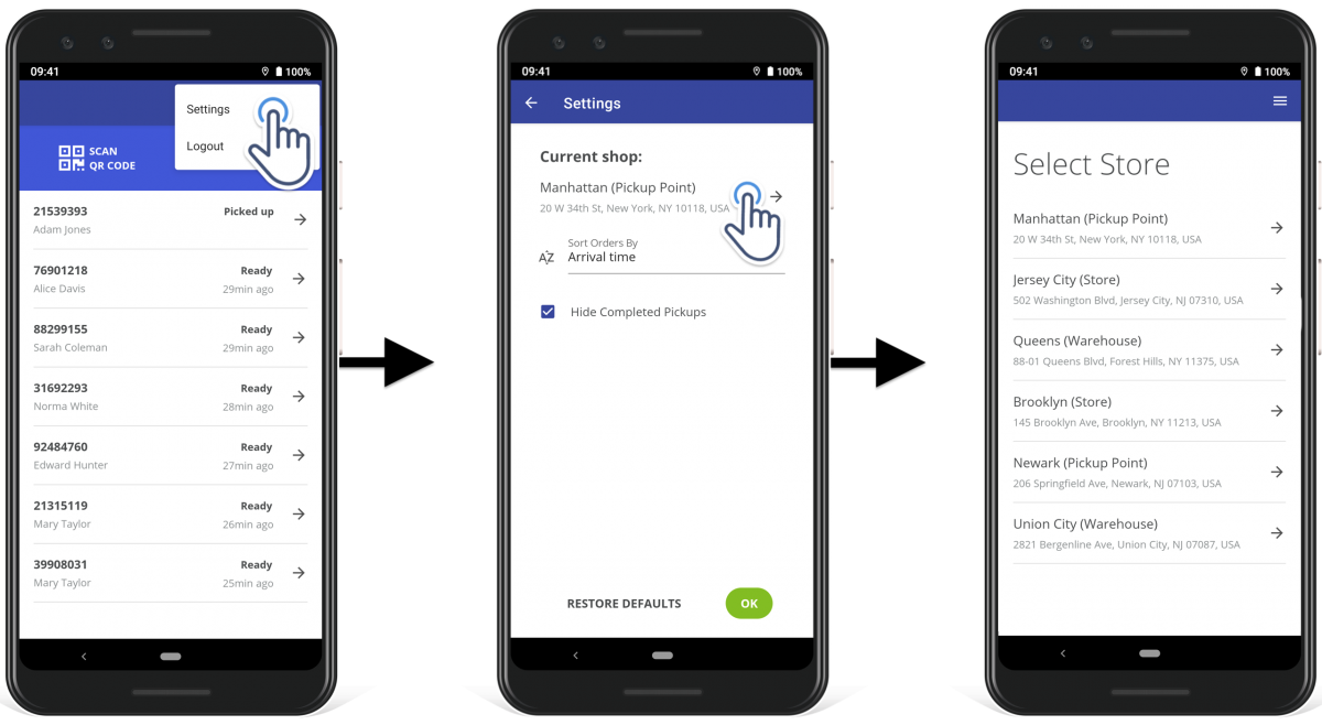 Switch between multiple curbside order pickup stores to manage automatically distributed pickups.