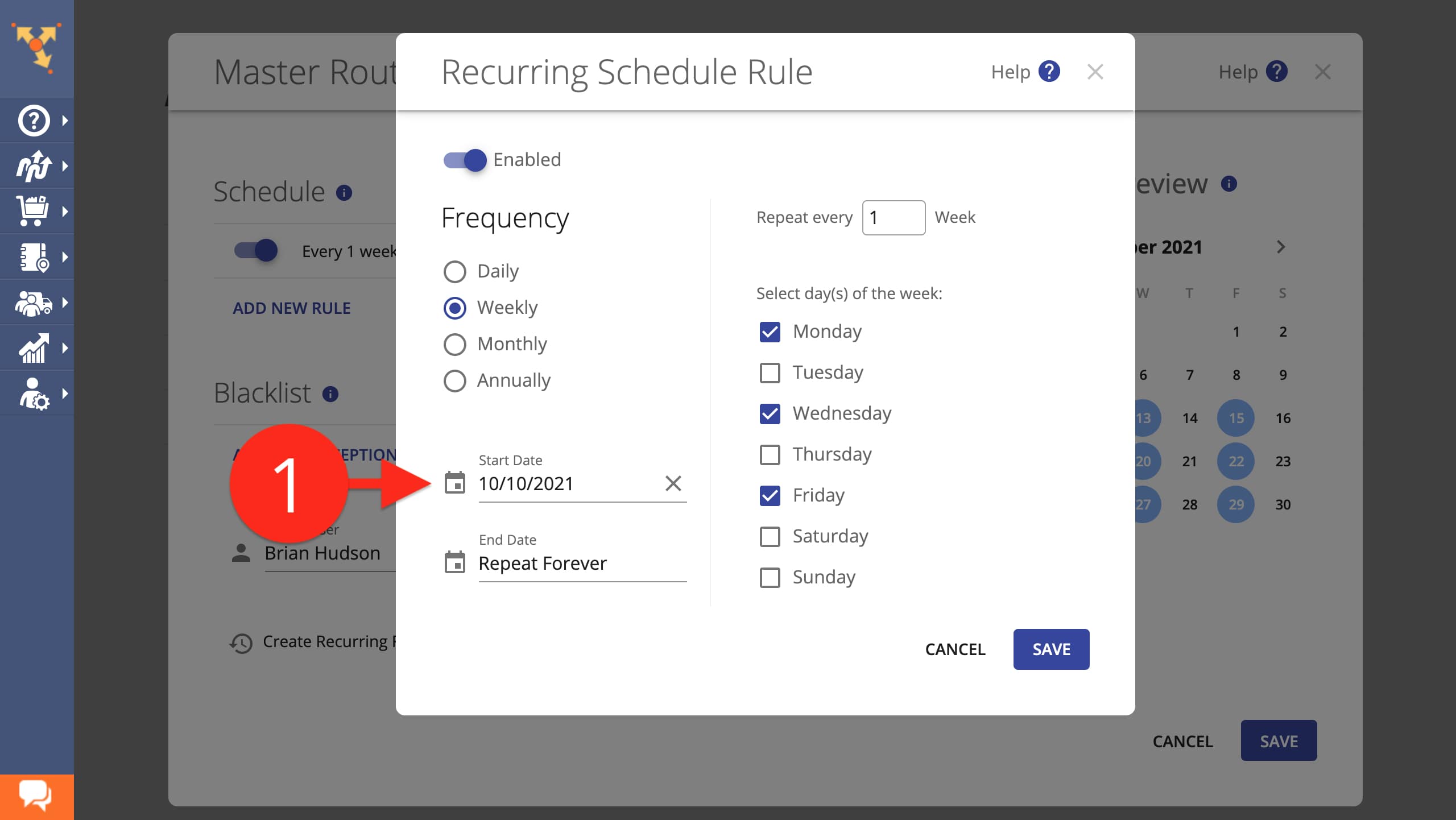 Start delivery route calendar to schedule and plan future routes for delivery and auto shipping.