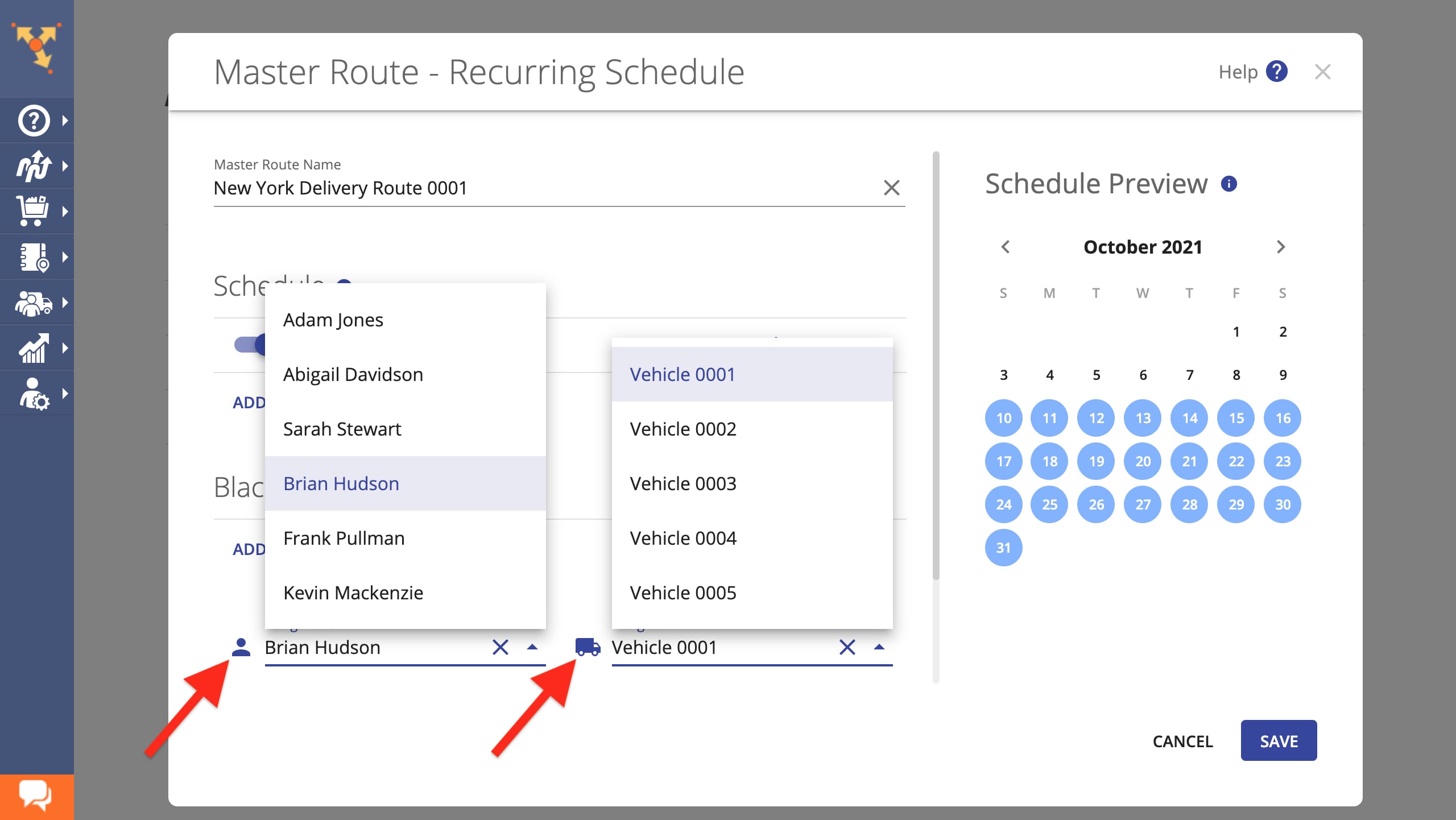 Assign drivers and field members to the Recurring Route Calendar to auto dispatch planned routes.