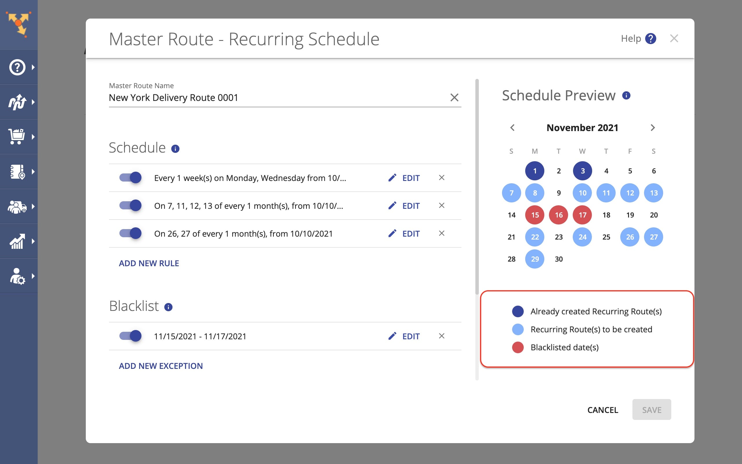 Schedule Preview shows scheduled repeating routes, planned delivery routes, and non-working dates.