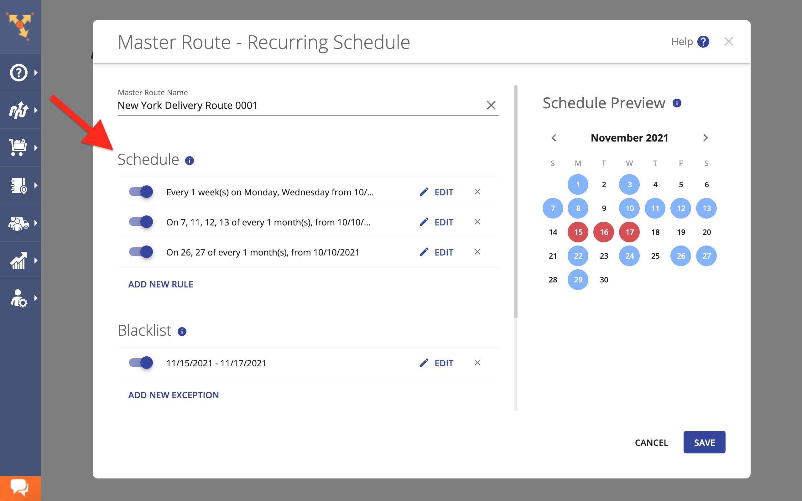 Add multiple daily, weekly, and monthly schedule rules to repeating delivery route schedules.