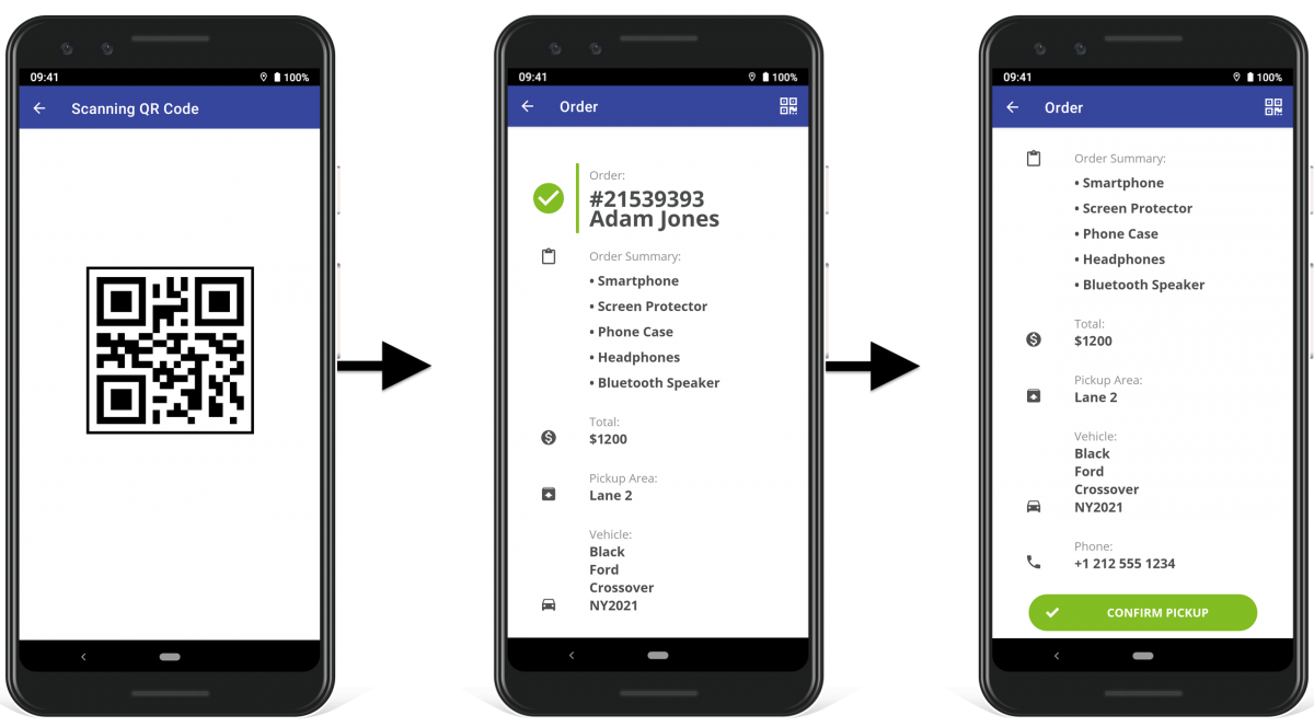 Customer vehicle details to match curbside pickup orders with the right customer on curbside pickup app map