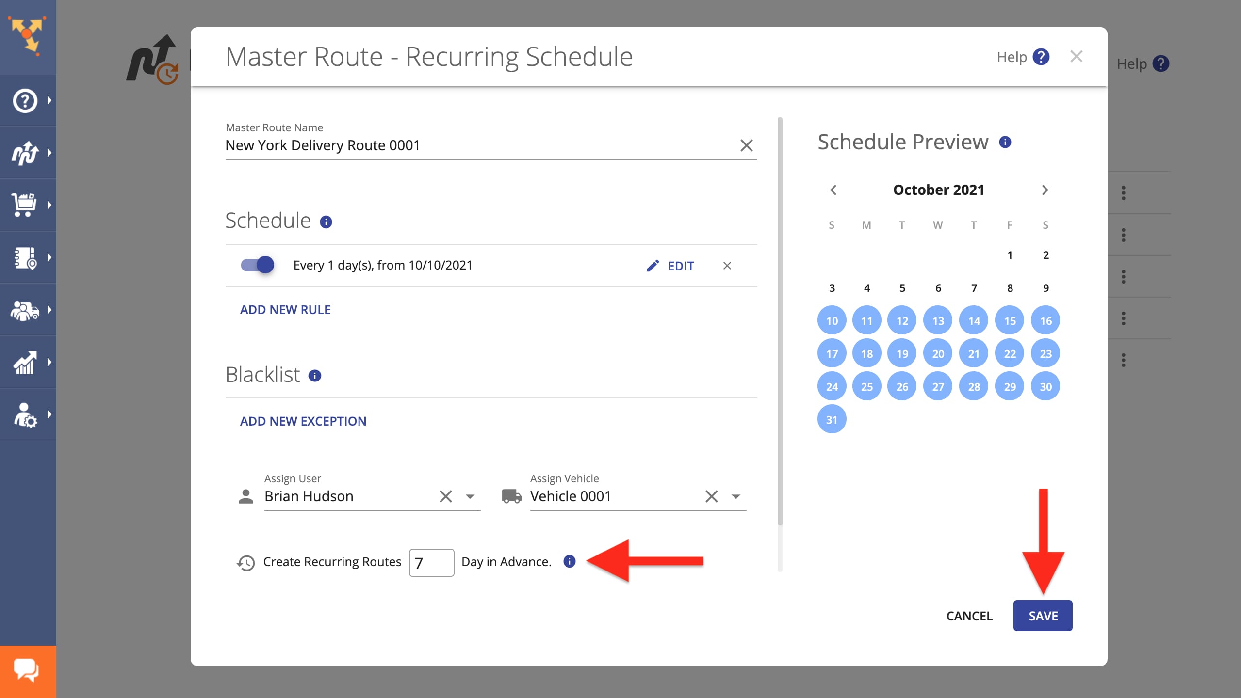 Route planner can schedule routes per delivery calendar and plan future repetitive routes.