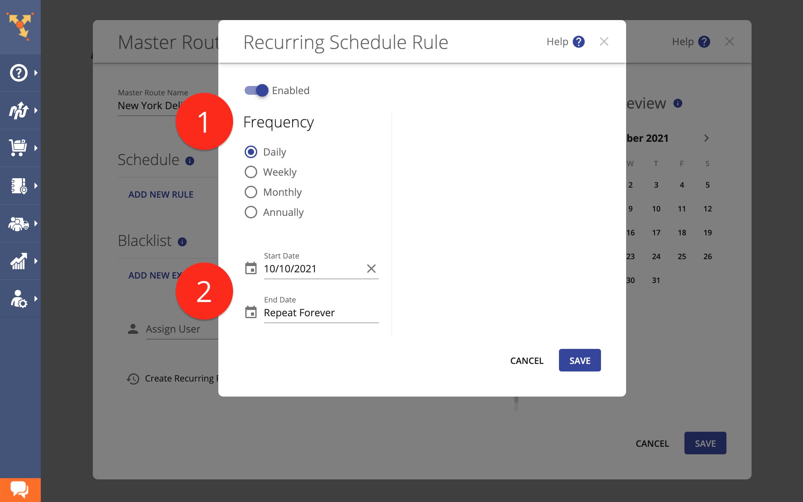 Add Recurring Route planning frequency to create daily, weekly, monthly & annual delivery schedule.