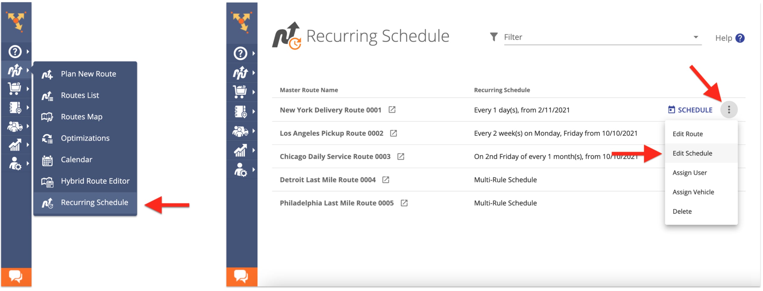 Open Recurring Schedule with route calendar and set up automatic route dispatch to delivery drivers.