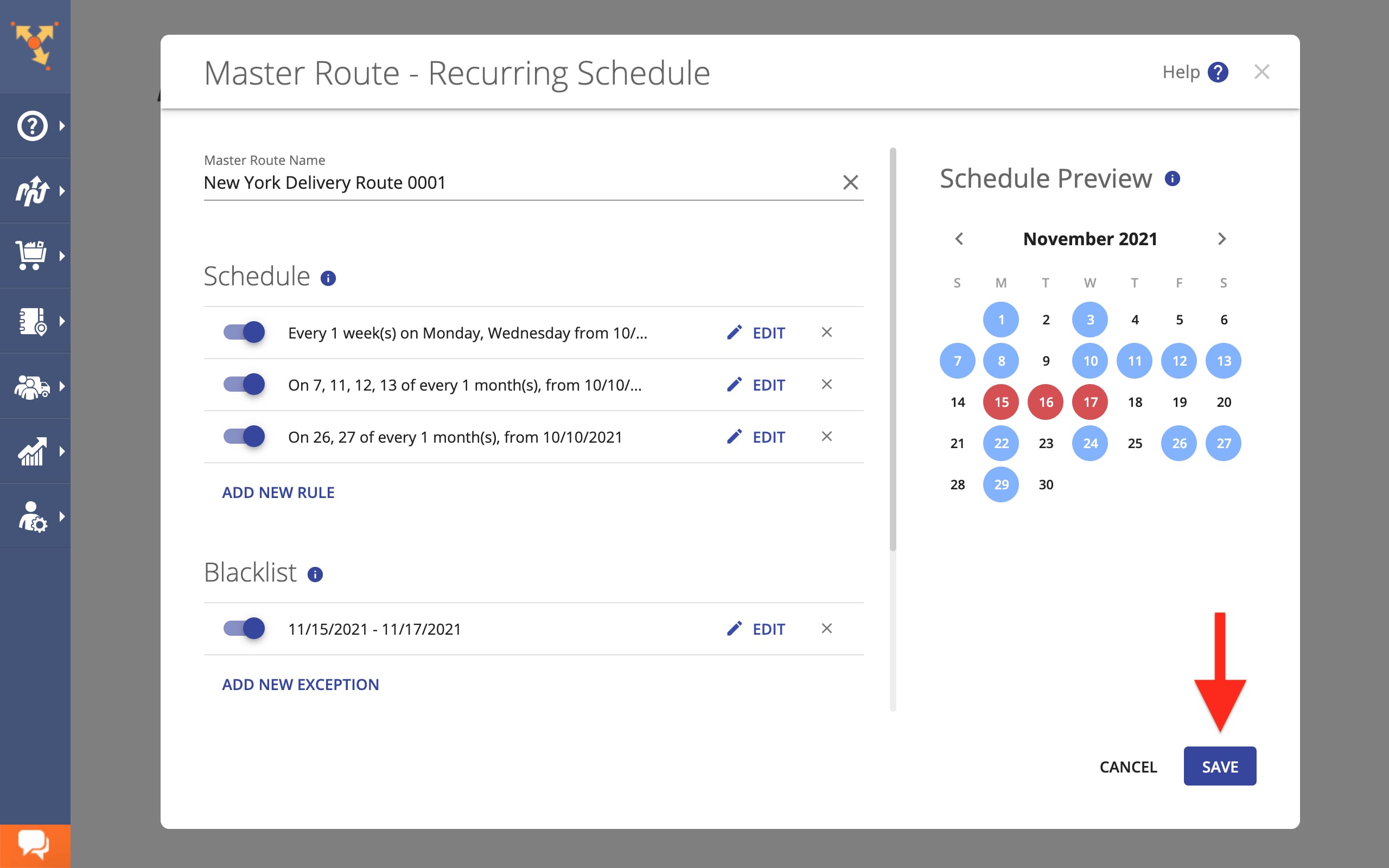Save Master Route template with repeat order delivery calendar and start scheduled delivery.