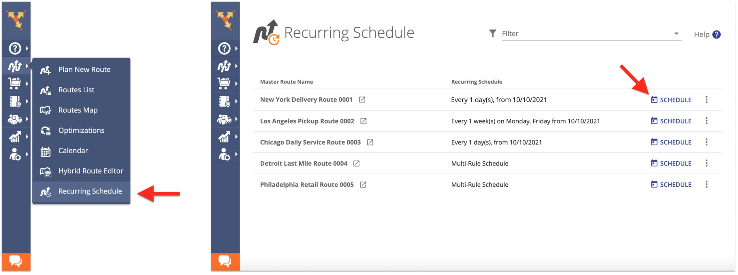Manage delivery route schedules using route calendar on the route planner app with a free trial.