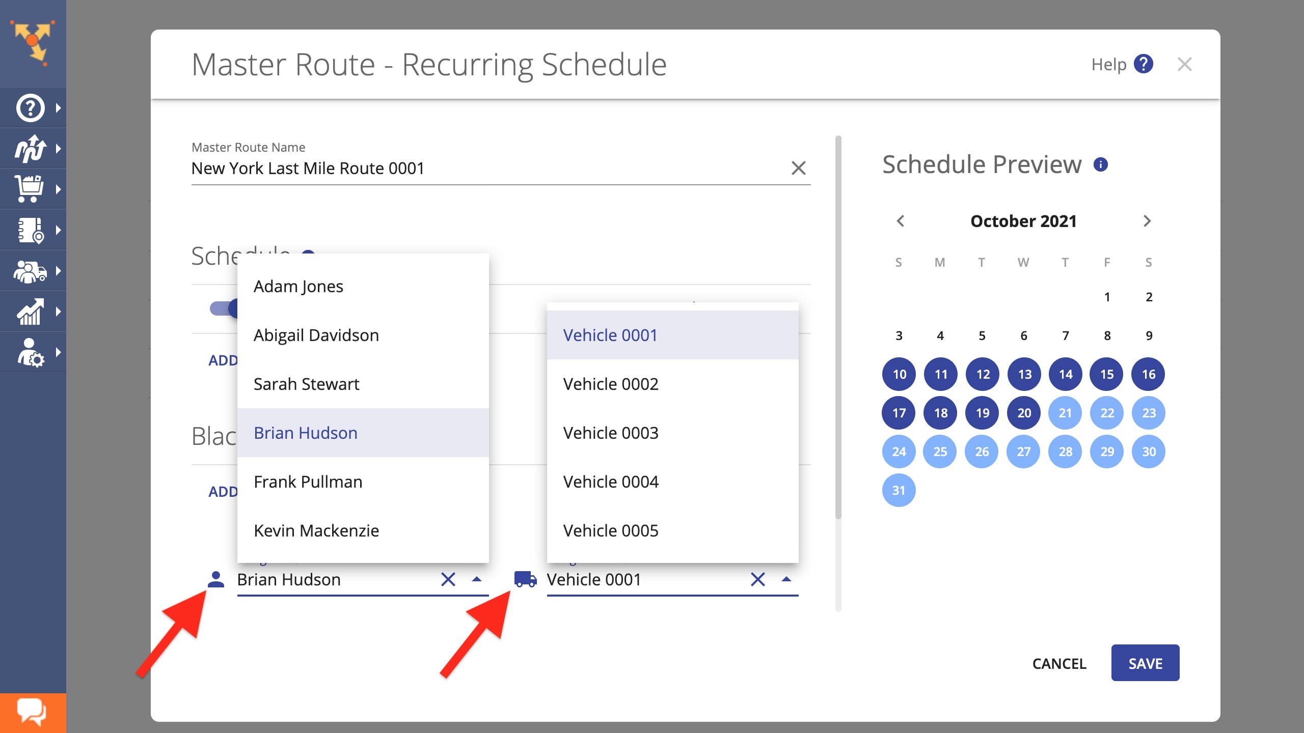 Use a route calendar to automatically dispatch recurring routes to delivery drivers and vehicles.