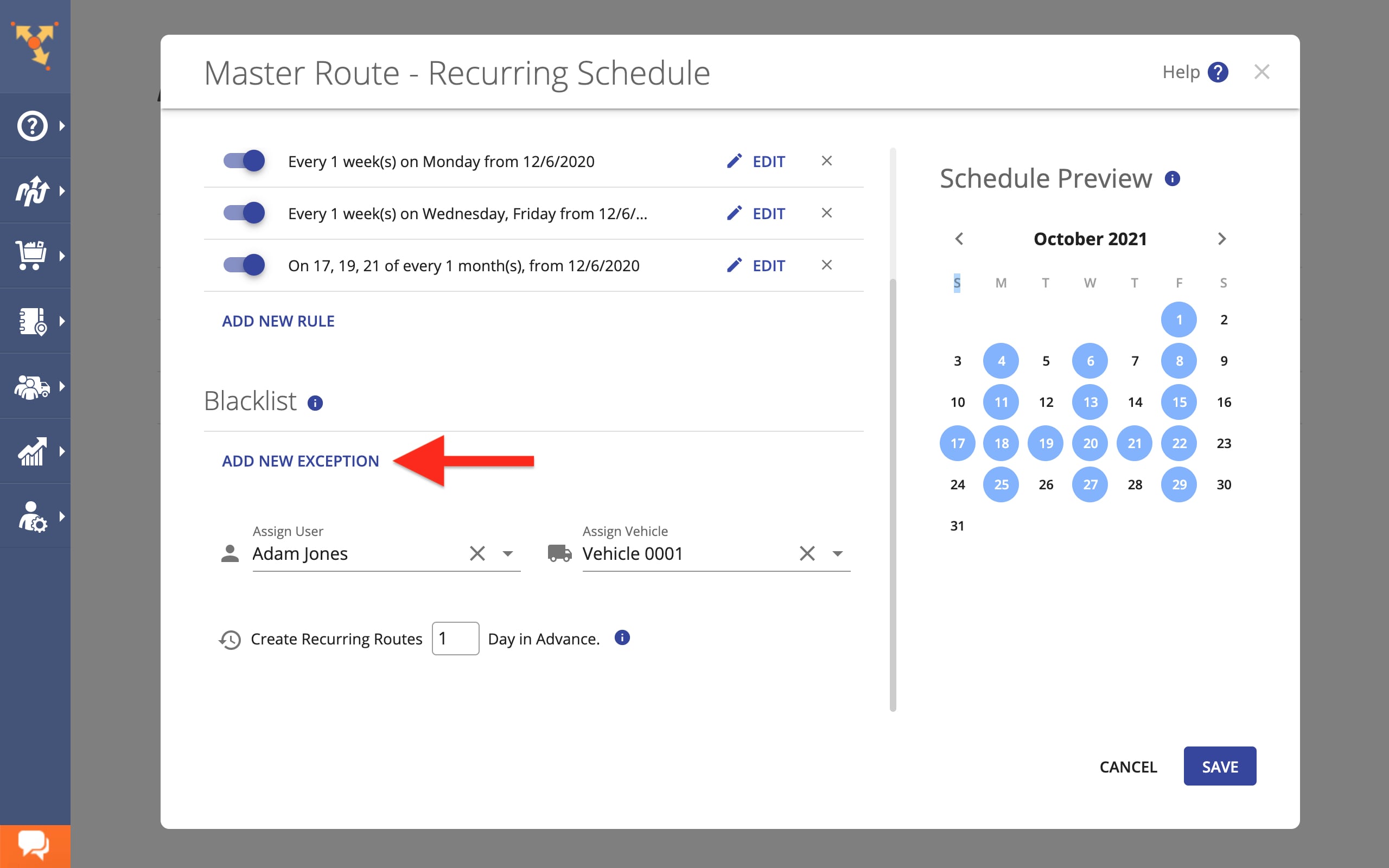 Add delivery route schedule exceptions to route blacklist & exclude non-working days from schedule.