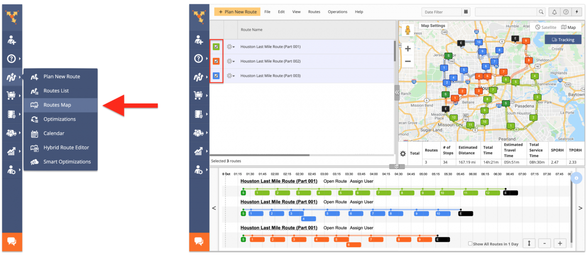 Multiple Routes Map - concurrently open multiple routes and manage route addresses in the timeline.
