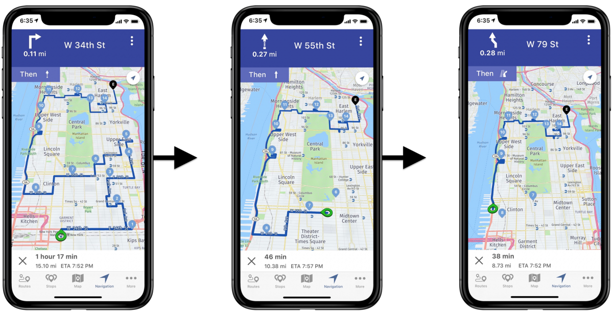 Navigate your optimized multi stop routes and track your route progress in near real time.