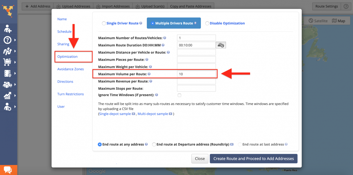 Setting up business rules and optimization constraints for delivery routes on multi stop route planner