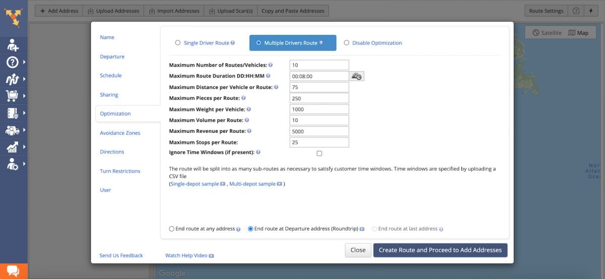 Optimization constraints and routing business rules on multi stop route planner for delivery drivers