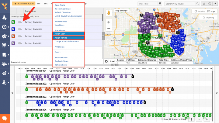 Map with multiple sales territories on route planner to be assigned to sales reps