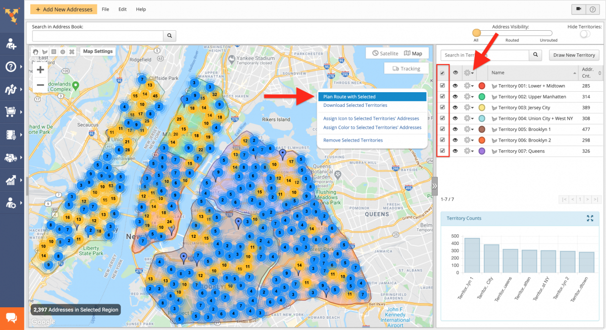 Map multiple delivery addresses in route planning software & plan routes with mapped service areas.