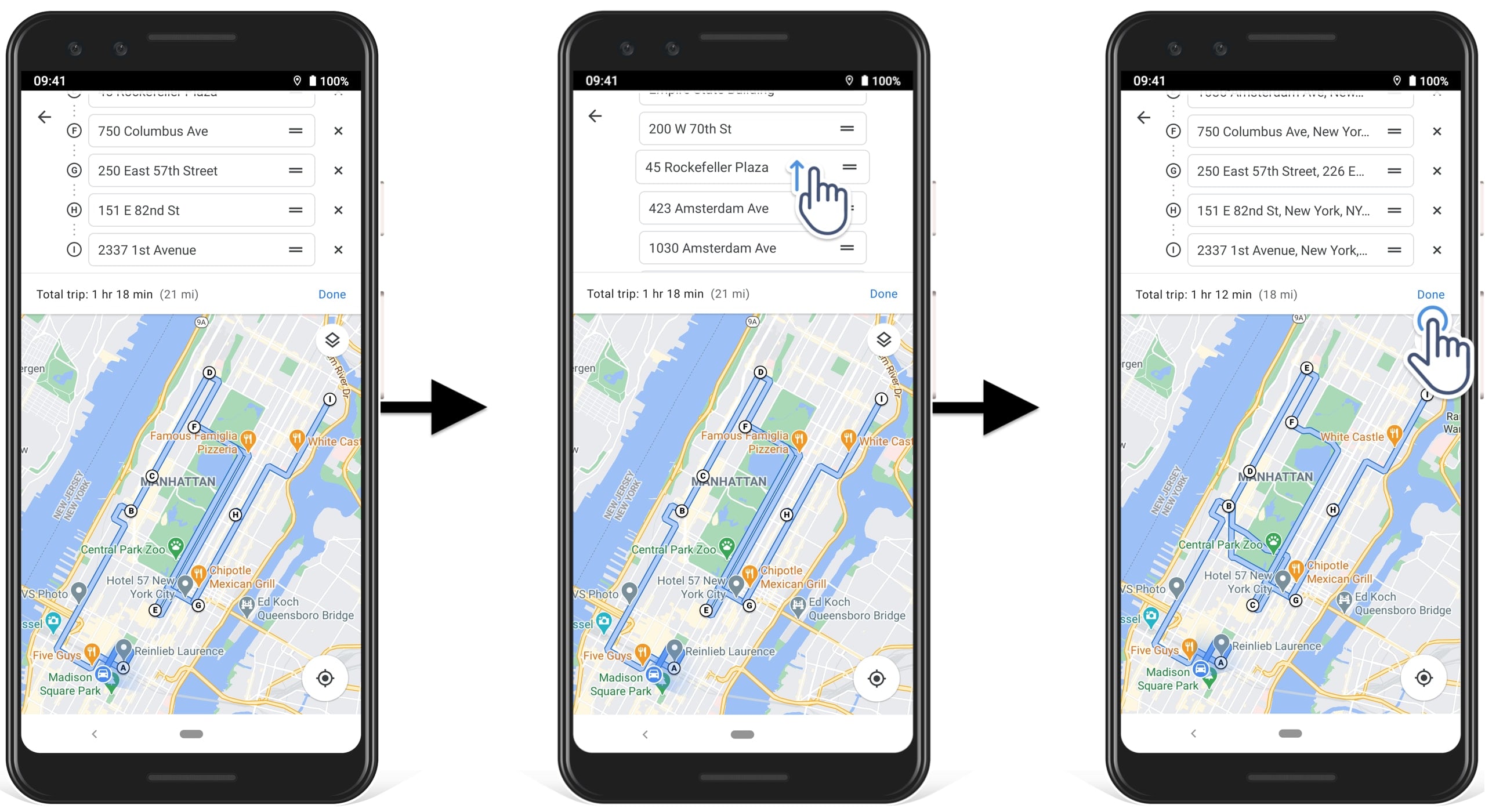 Reordering destinations or stops on a multiple stops route on the multi-stop Google Maps route planner app