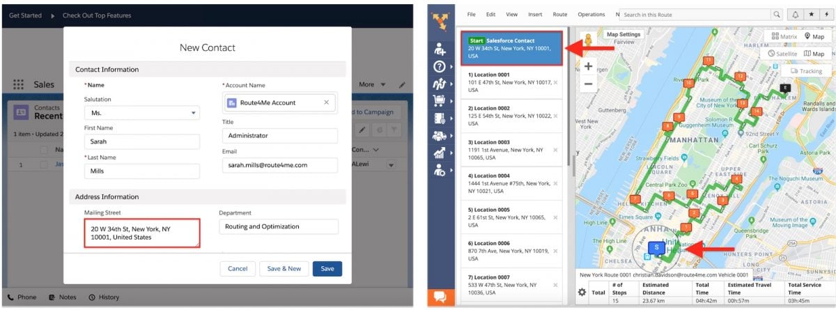 CRM contacts sales addresses imported into route planner and displayed on map