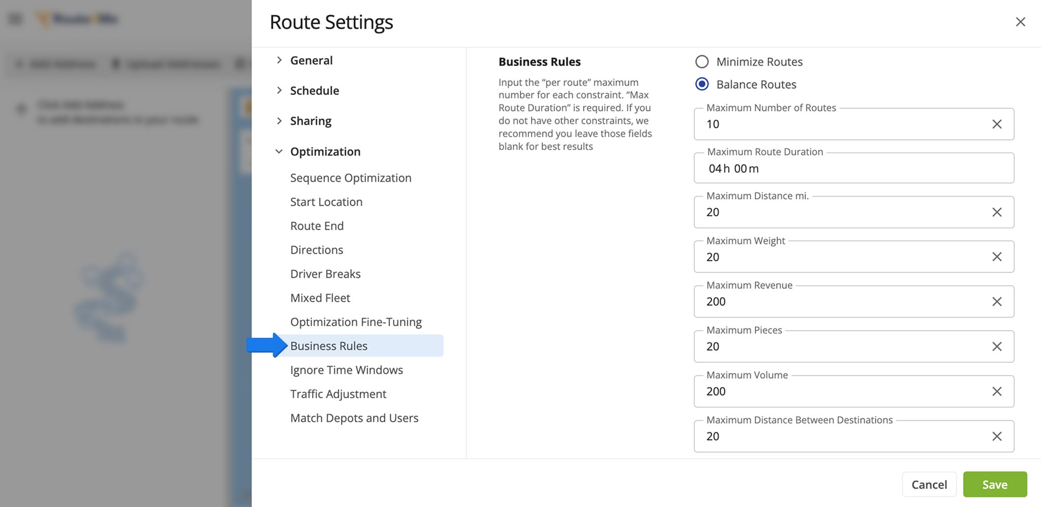 Use Routing Business Rules to fine-tune your delivery driver routes for your specific routing cases.