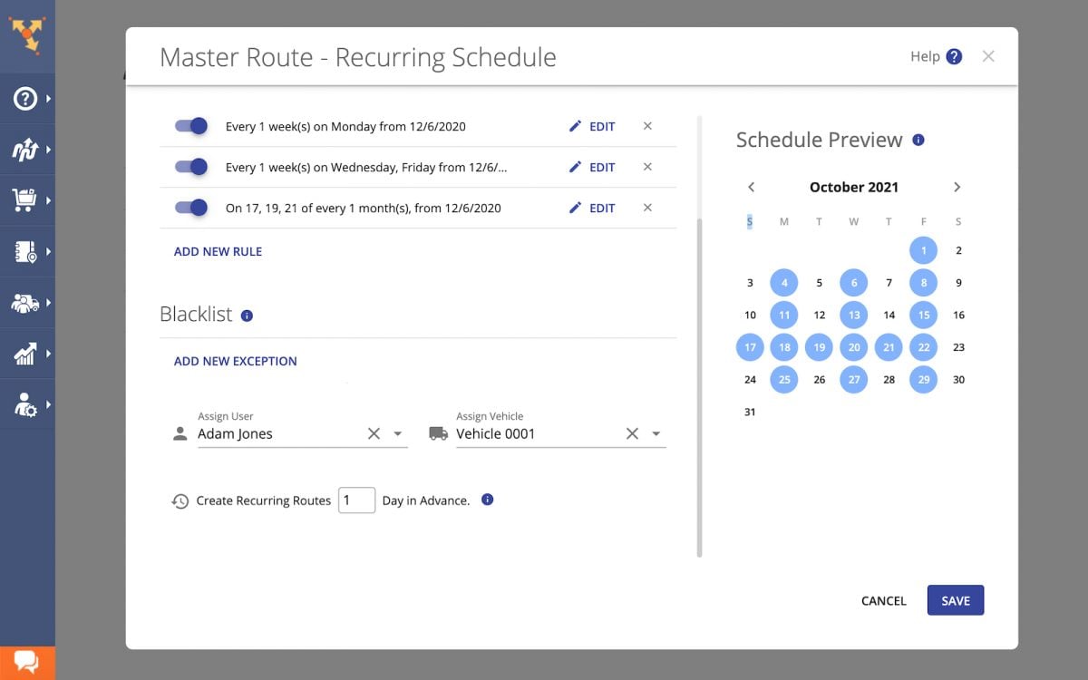 Delivery schedule with recurring orders for route planning on multi stop route planner for delivery drivers