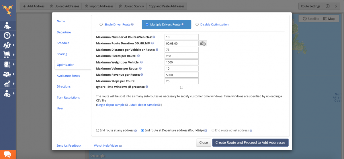 Select the route optimization type and specify routing business rules as optimization constraints.