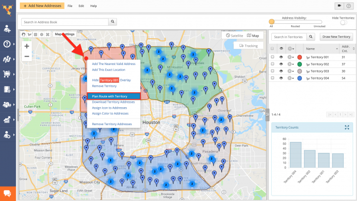 Planning routes with prospects' addresses from sales territories on route planner map for sales