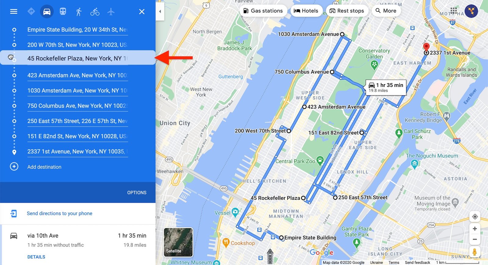 Rearranging stops on a multi stop route planned on the Google Maps route planner