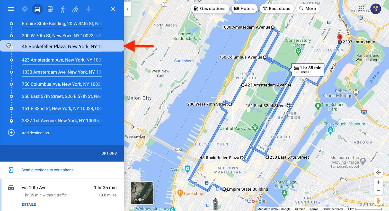 Neuanordnungsstopps Wir haben Multi -Stop -Route auf dem Google Maps Routenplaner geplant