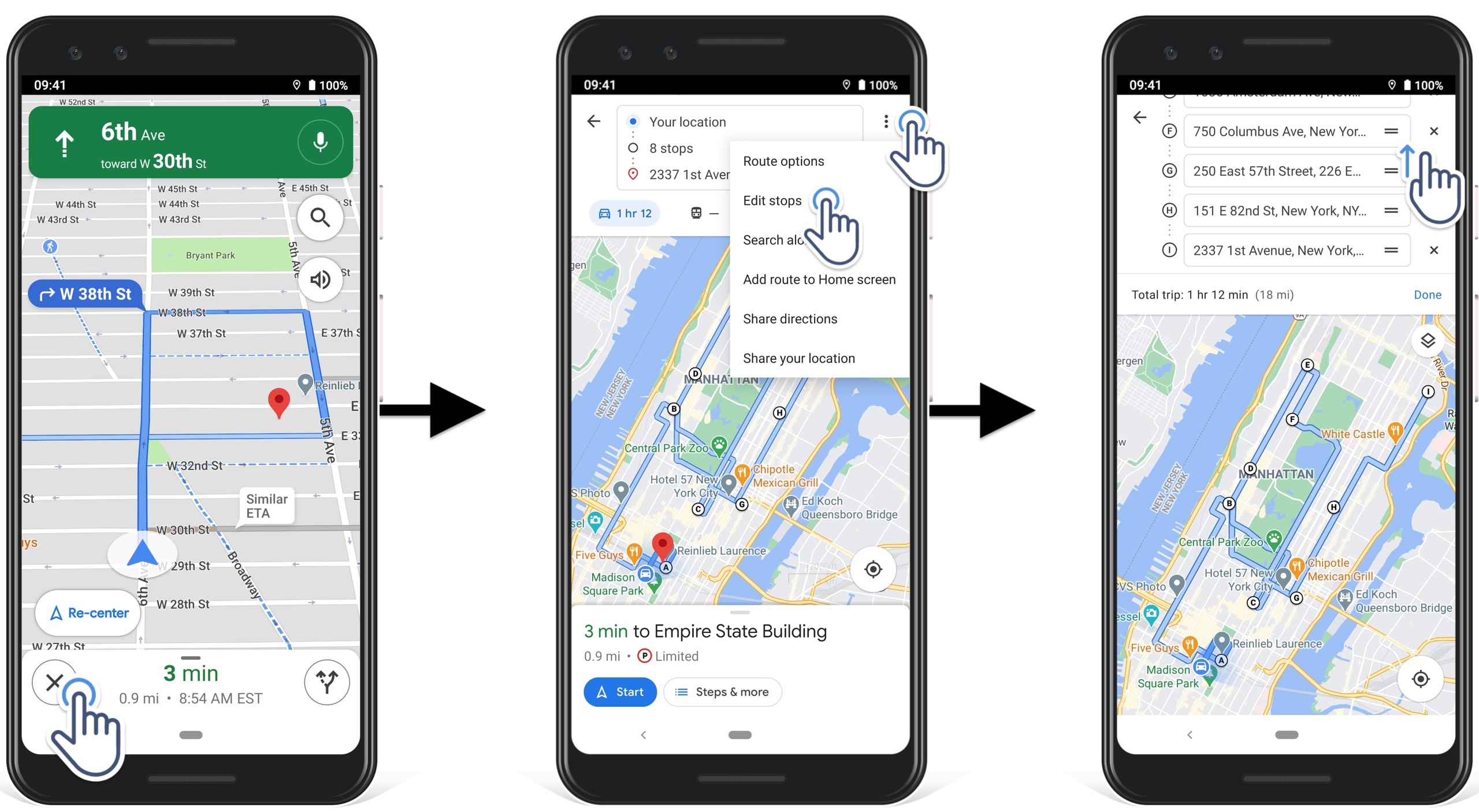 Edit a multi stop route with multiple destinations on the Google Maps multi stop route planner app