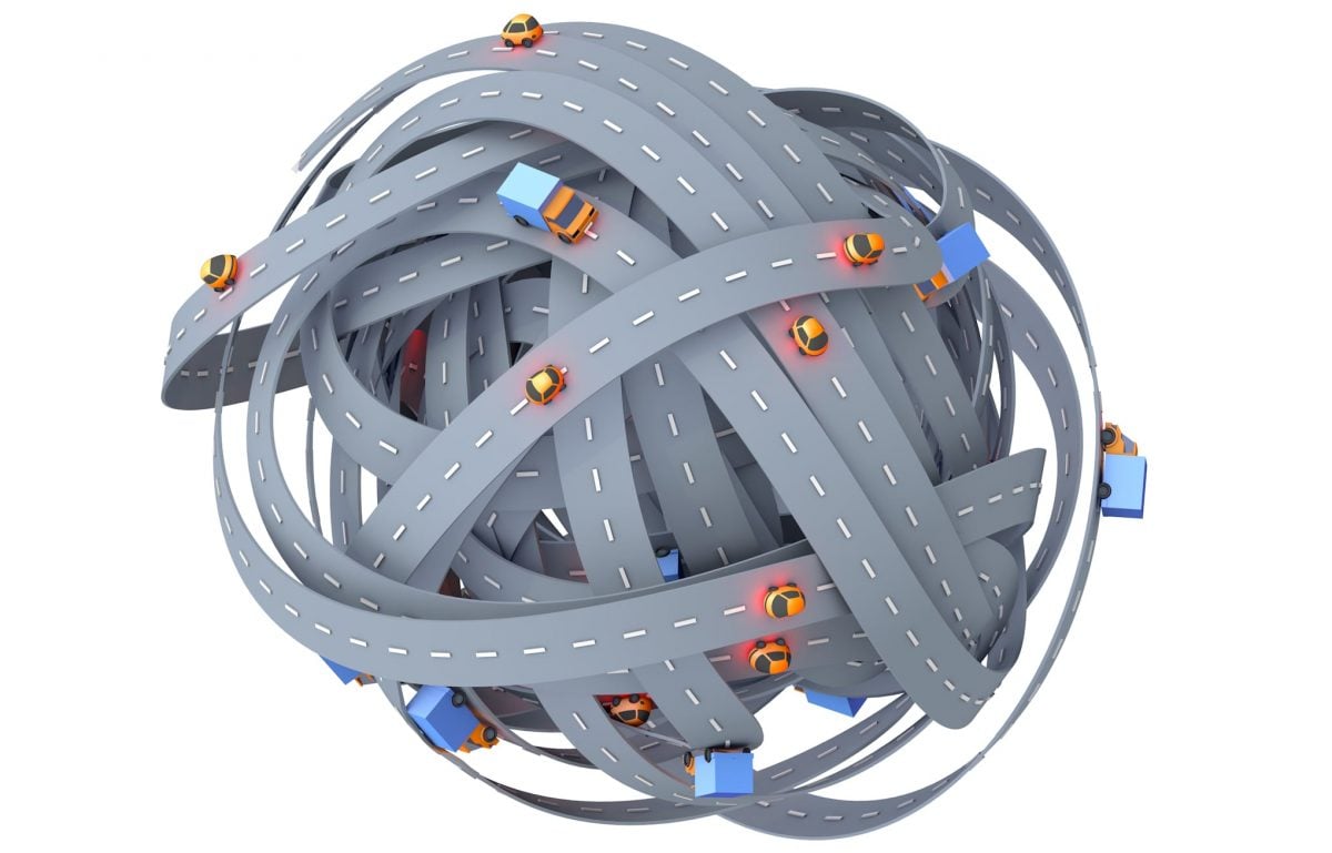 Complicated multi stop routes before route optimization with delivery cars, trucks, pickups and semis