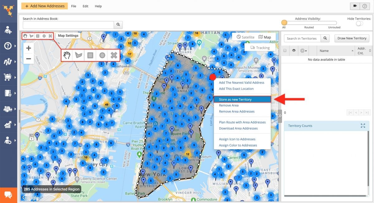 Creating sales territories on a sales route planner map with lead locations as marker clusters for territory optimization