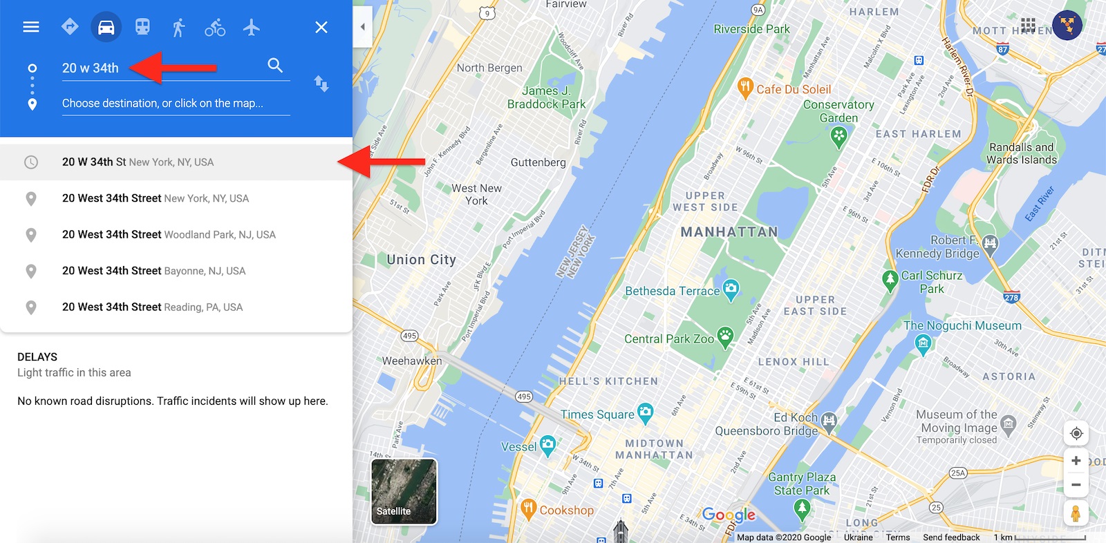 Typing addresses on the Google Maps route planner