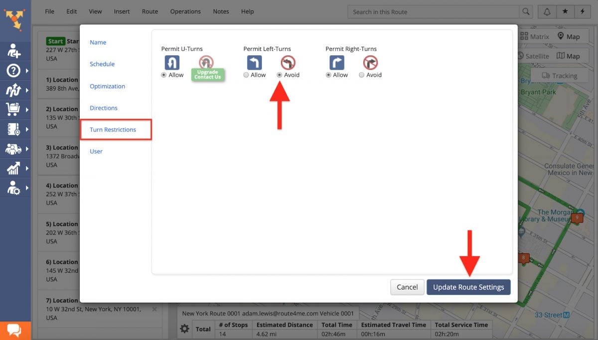 Avoiding left turns and right turns when planning routes for delivery on multi stop route planner