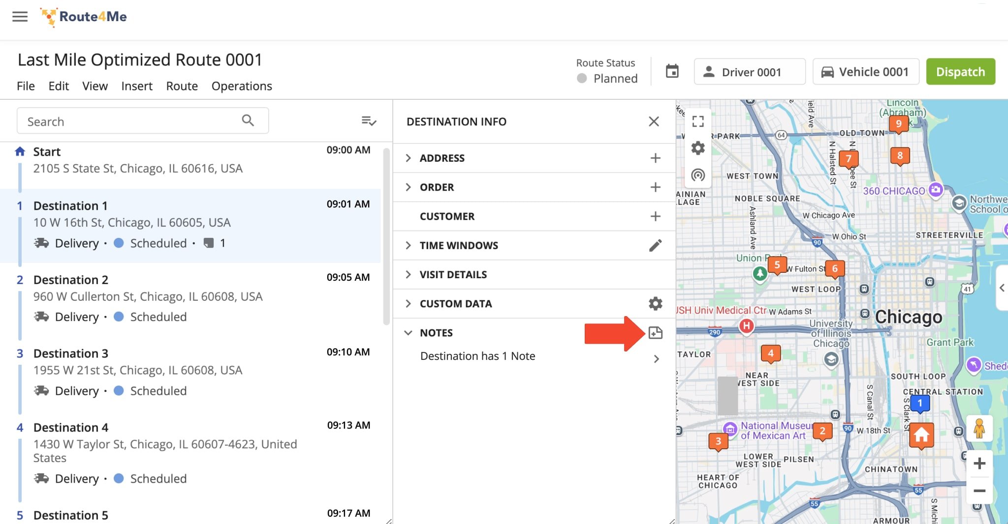 Add a saved custom note to a stop in the Route Editor.