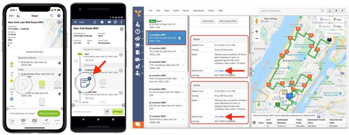 Adding notes and customer details to route stops or delivery addresses on route planner with delivery management 