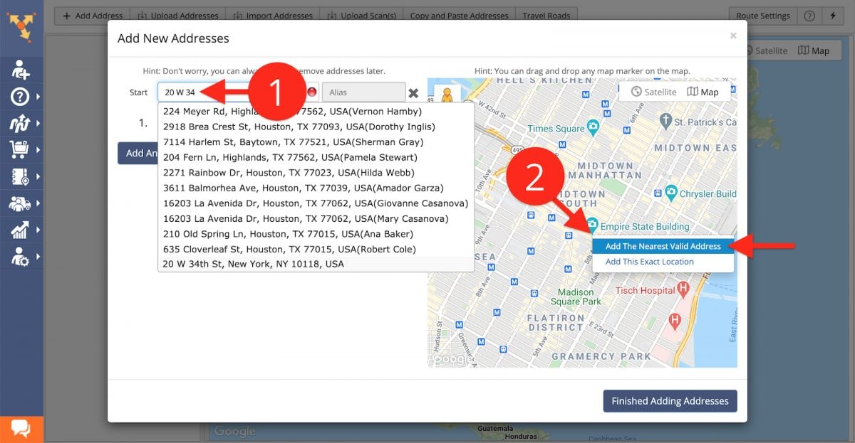 Selecting the addresses and drop off locations for planning a multi stop route on a route planner