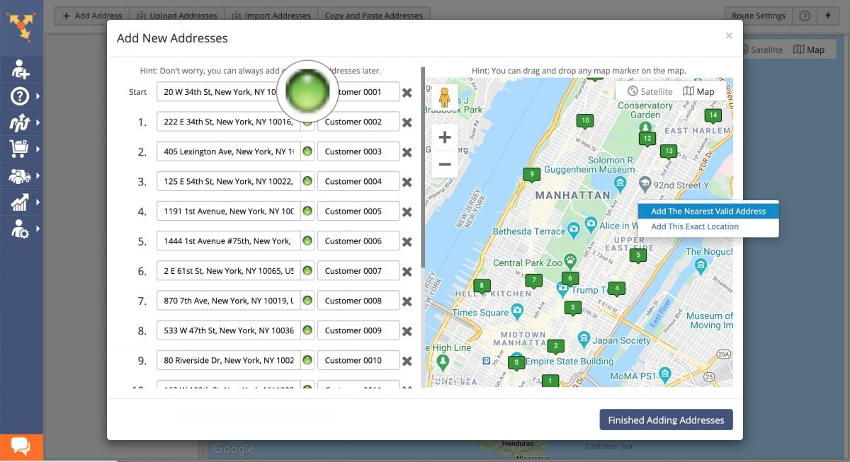 Geocoded shipping addresses for route planning on delivery management system for delivery drivers and couriers