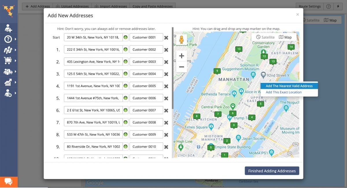 Uploading multiple delivery addresses into multi stop route planner for delivery drivers