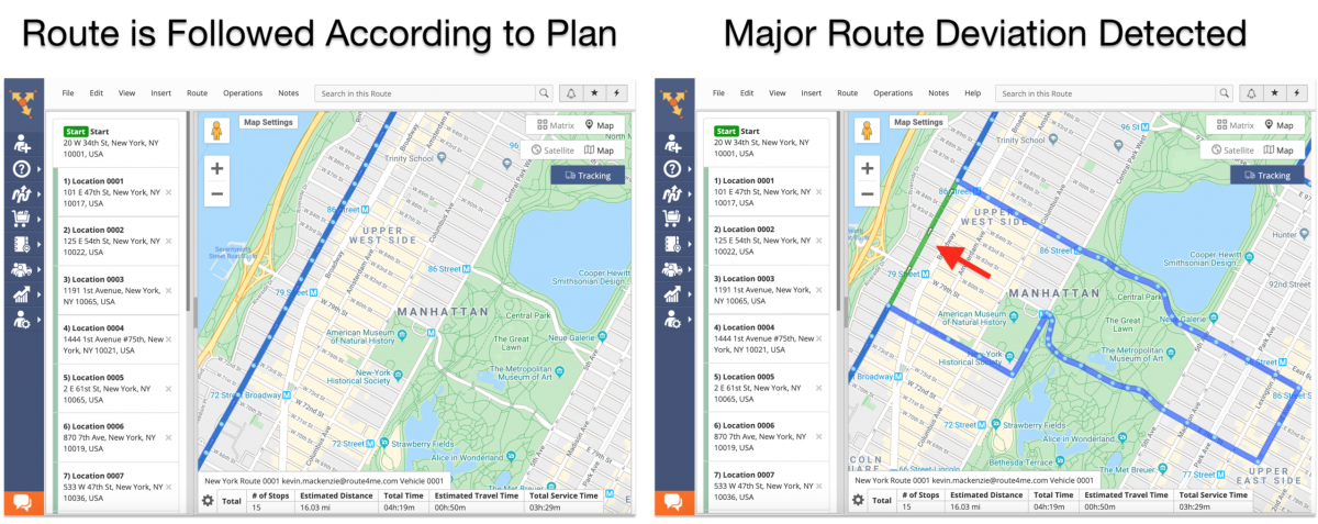 Detect delivery driver route deviations, detours, unauthorized vehicle use, and driver idling.