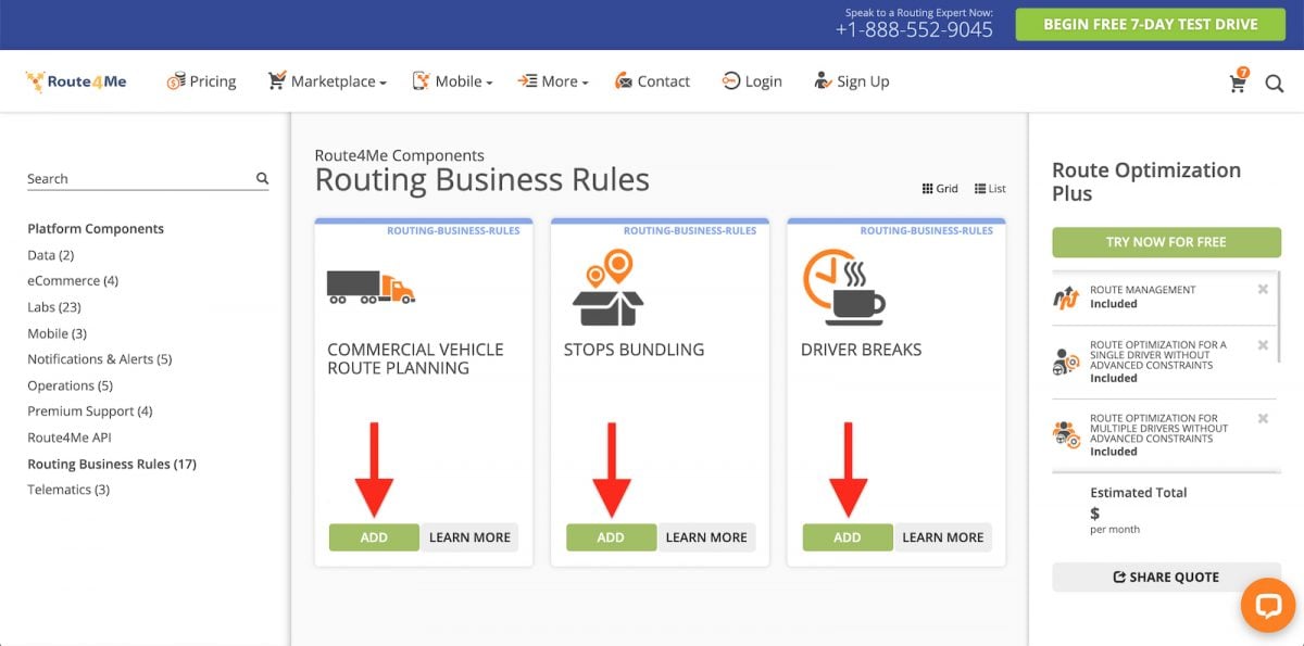 Truck routing software features for commercial vehicles including scheduled breaks for truck drivers and truck routes