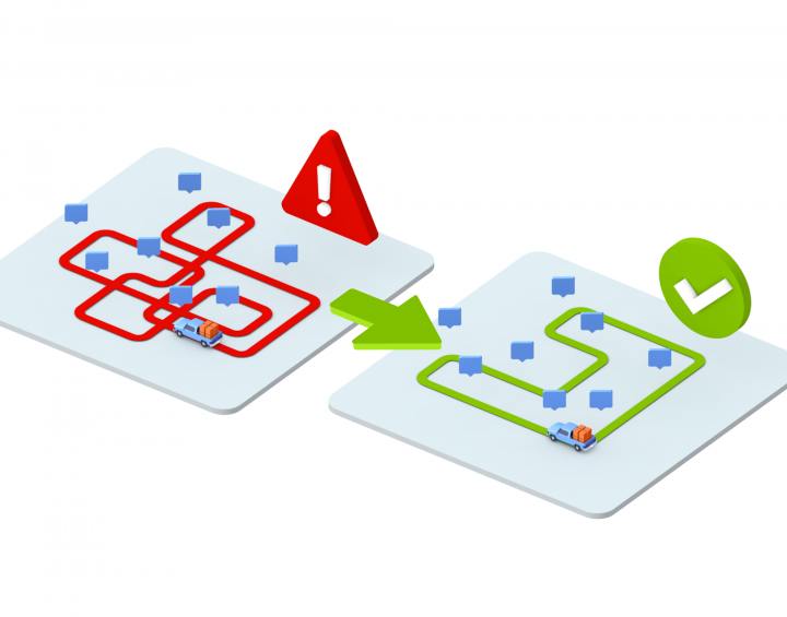 One unoptimized planned route on a map before route optimization next to another short and fast optimized route