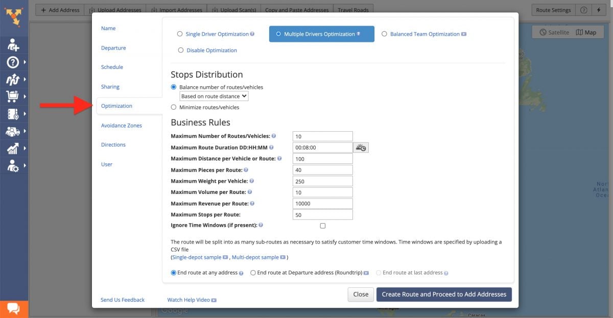 Truck routing software route optimization constraints for commercial routing 