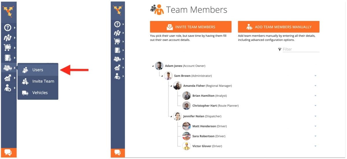 Organizational structure of a delivery business with dispatchers and drivers displayed on delivery management software