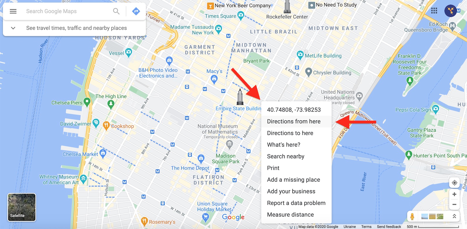 Google Haritalar Rota Planlayıcısına bir adres eklemek için haritaya bir PIN düşürme